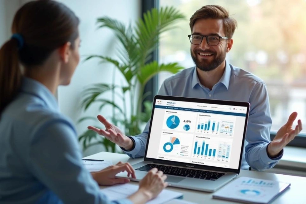 SEO consultant discussing digital marketing strategy with a healthcare professional in a modern office.