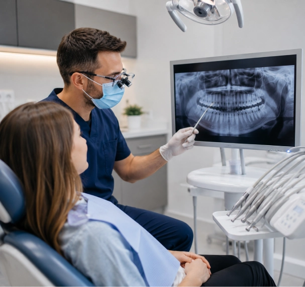 Dentist discussing oral surgery treatment options with a patient in a modern dental clinic