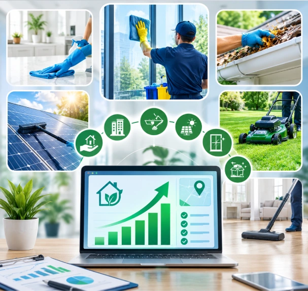 Professional cleaning service icons representing top-performing house, commercial, gutter, solar panel, lawn, window, and end of lease cleaning services