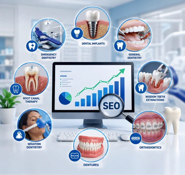 3D illustration of top-performing dental services with SEO growth analytics, including dental implants, orthodontics, root canal treatment, dentures, and emergency dentistry.