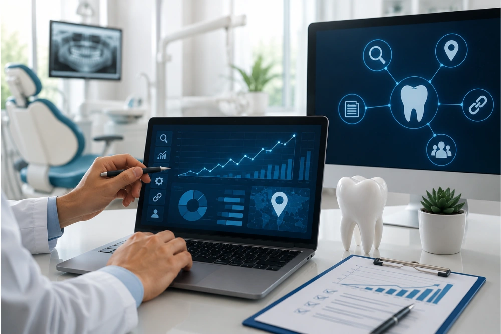 Dental SEO expert analyzing website performance and organic growth strategy in a modern dental clinic