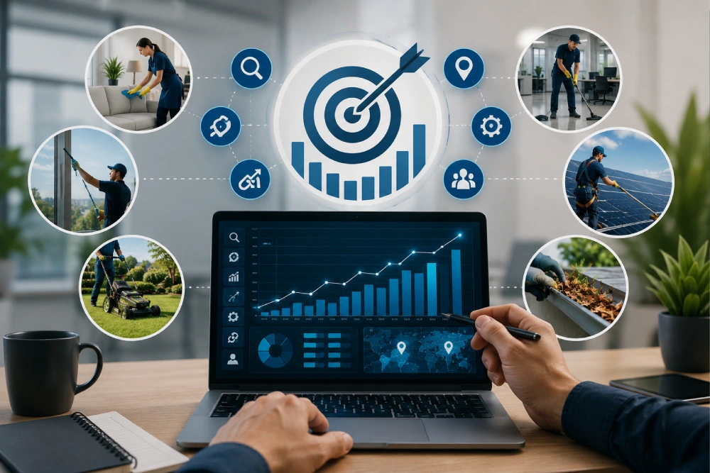 SEO specialist analyzing local business growth with digital marketing dashboard and service industry optimization