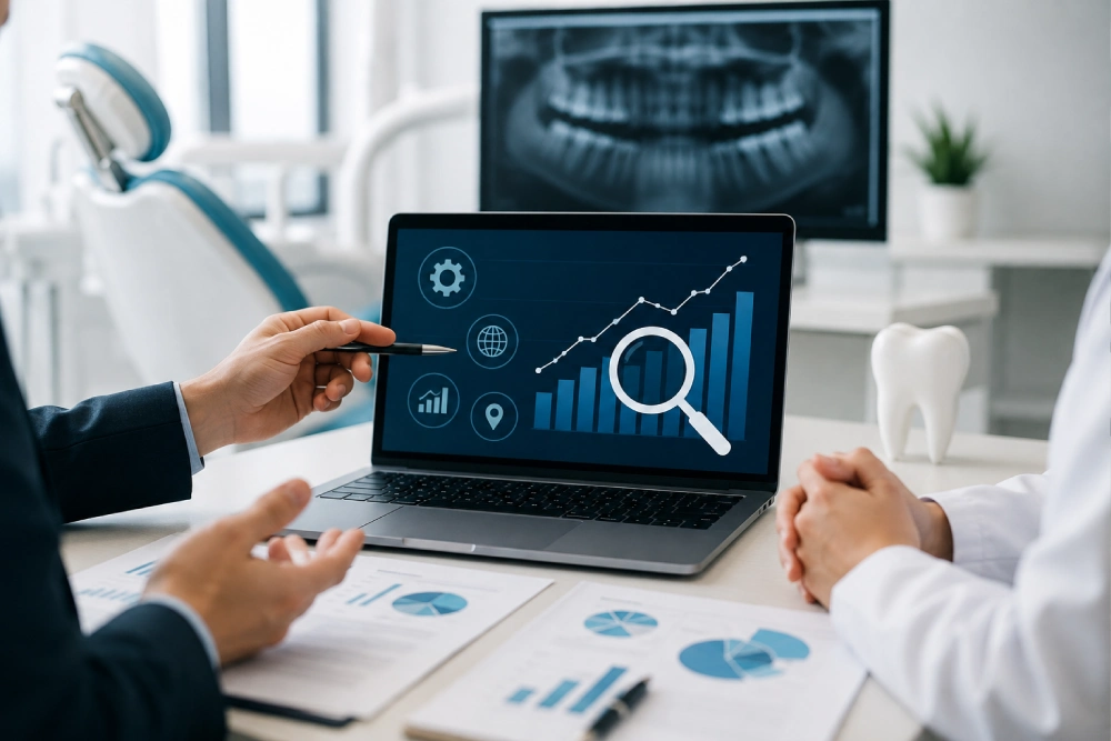 Healthcare SEO consultant discussing website growth strategy with a dental clinic using SEO analytics on a laptop.